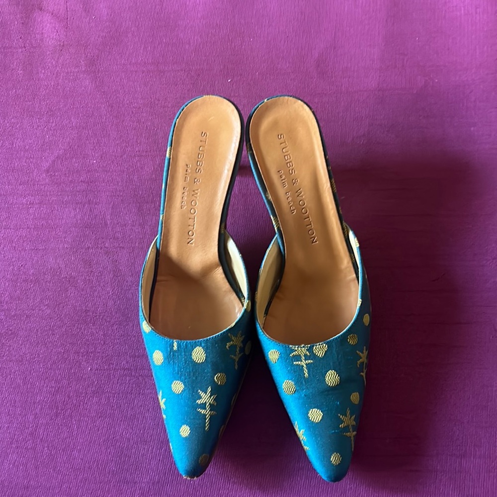 Whimsical STUBBS & WOOTTON Aqua/Yellow Silk Heeled Mules in size 6